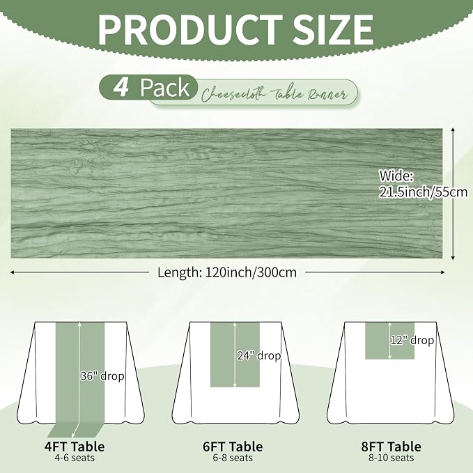 4 Pack Sage Green Cheesecloth Table Runner 10Ft, Gauze Table Runners 21.5 x 120 - Image 2