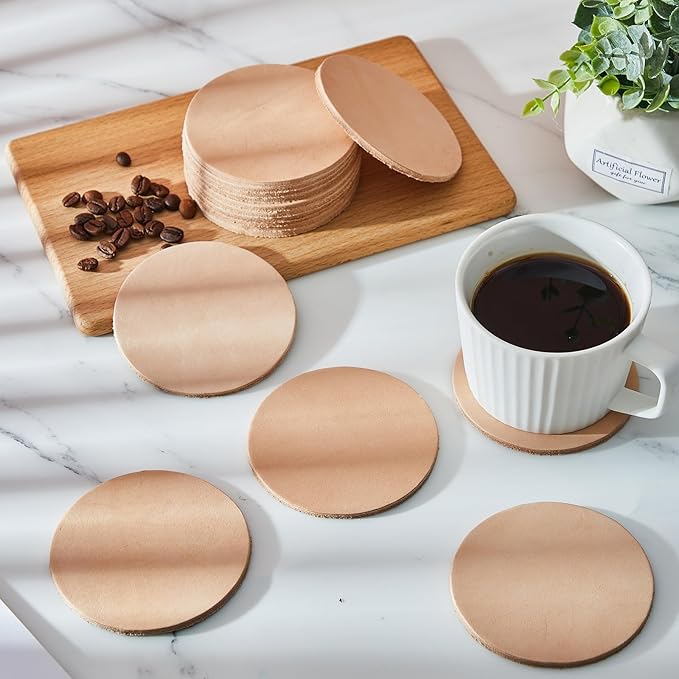 Bulyoou 50 Pack Round Vegetable Tan Leather 2" Tooling Veg Circular Leather Pieces Sheet for Laser Engraving Coasters Tooling Stamping Carving, Thickness 3.2 mm