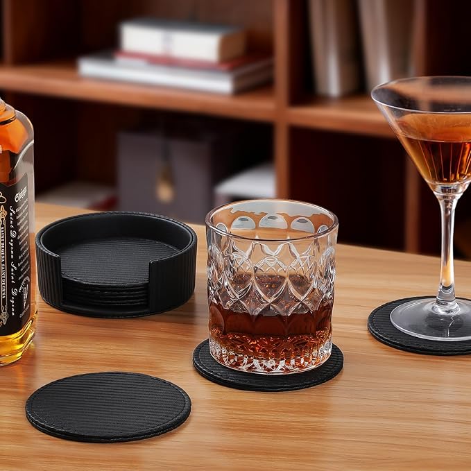 6 Pcs Premium Leather Coasters with Holder, Tabletop Protection, Coffee Table & Bar Decoration, Modern-Style Drink Coasters Suitable for Home Dining Tables & Kitchen Accessories (Black Stripe)
