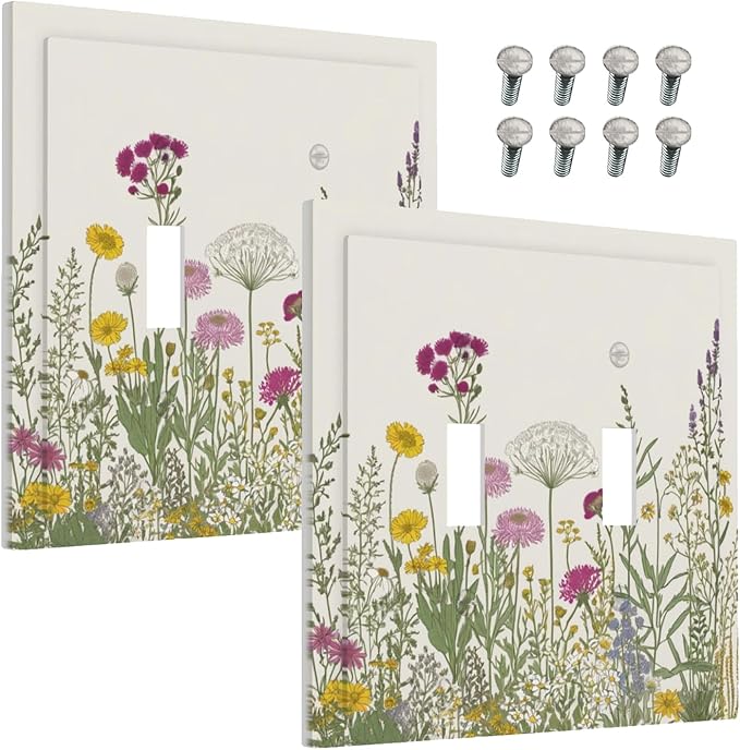 Decorative Light Switch Cover Wildflower Botanical Plant Herbs Flower 2 Gang Wall Plate Double Toggle Switch Plate Receptacle Electrical Outlet Cover Switchplate for Bathroom Livingroom（2 Pack）