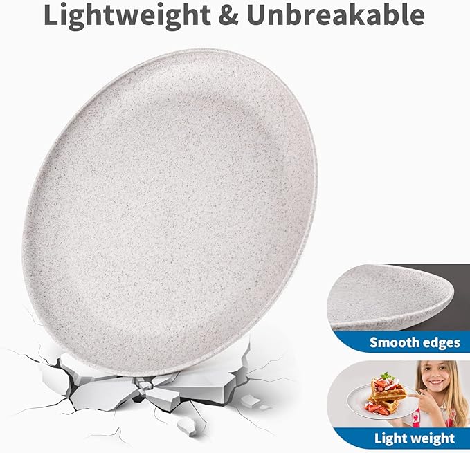 MISS BIG 10 inches Wheat Straw Plates,Plastic Plates Reusable Set of 8,Dinner Plates for Kids&Adults,Dishwasher & Microwave Safe,Eco-Friendly,BPA Free(Wheat White)