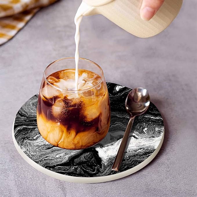 Marble Acrylic Texture Coasters for Drinks Nature Black Marbling Artwork for Tabletop Protection Coffee Table Living Room Kitchen Office Home Decor 2 Pcs,4 Inch