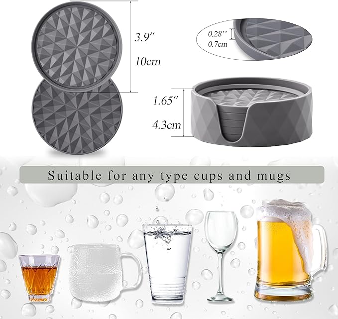 Silicone Coasters for Drinks[6 Pack]- Cup Mat with Holder for Tabletop Protection-Non-Slip, Non-Stick, Coffee Table Decor, Great Gift for Any Occasion, Dark Grey