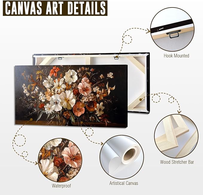 ADJUVANT Wall Art Vintage Floral Bouquet in Vase 48"L x 24"W, Flowers Canvas Painting Botanic Artwork Retro Blossoms Prints Graceful Floral Wall Decor for Living Room Bedroom Dining Room Home Office