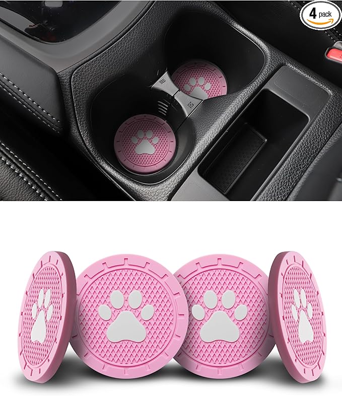 4 Pack Car Cup Coasters, Universal Dog Paw Print Non-Slip Silicone Cup Holder Inserts, Car Interior Accessories, Pink