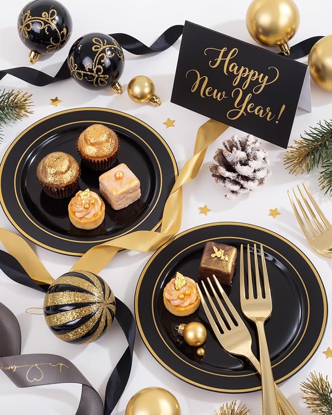 bUCLA 200PCS Black and Gold Plastic Plates - 6.25inch Black with Gold Rim Disposable Dessert/Salad/Appetizer/Small Cake Plates - Ideal for Party & New Year