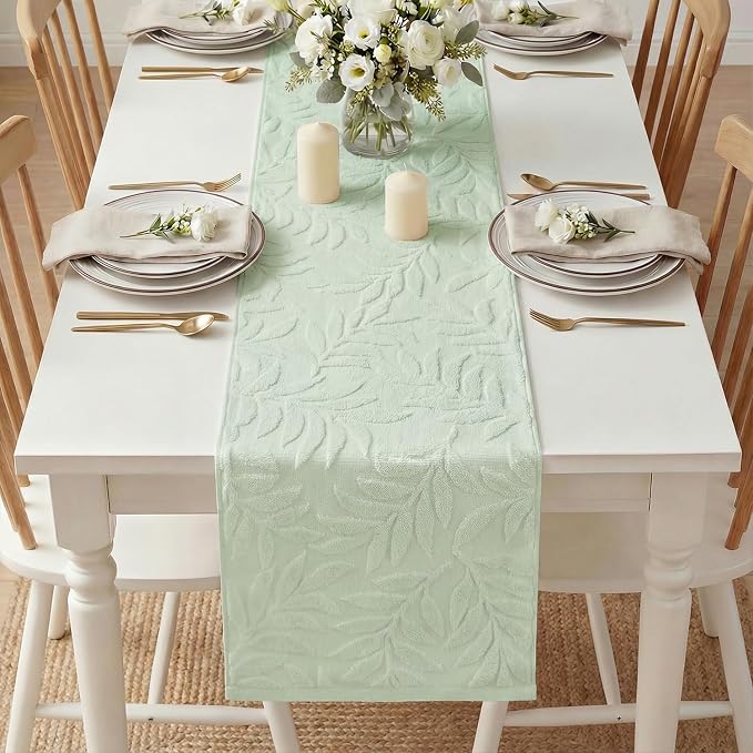 Artoid Mode Sage Green Soft 3D Jacquard Leaves 100%Cotton Spring Table Runner - Image 5