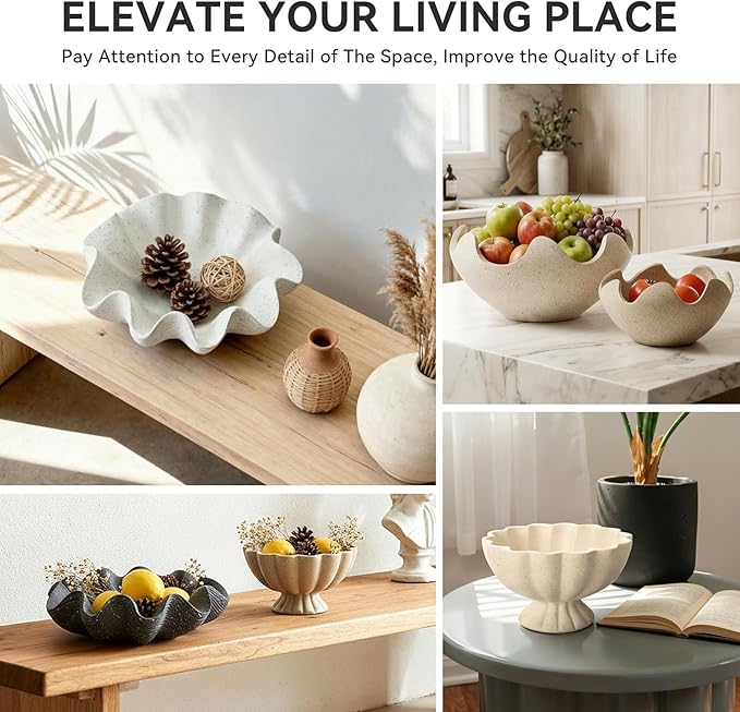 Pedestal Decorative Bowl Home Decor - Morden Handicraft Decorative Fruit Bowl for Kitchen Counter, Chic Ruffle Bowl Centerpiece Decor for Dining Table Coffee Table (Spotted White)