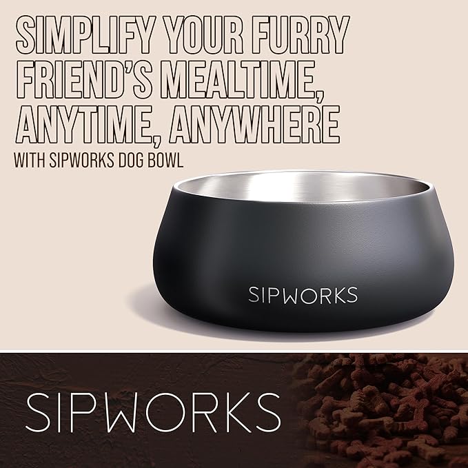 Sipworks Stainless Steel Dog Bowl – 32oz Weighted Metal Food and Water Bowls for Dogs and Cats with Non-Slip Base - Pet Bowls for All Breeds Sizes for Travel & Outdoor Play - Steel
