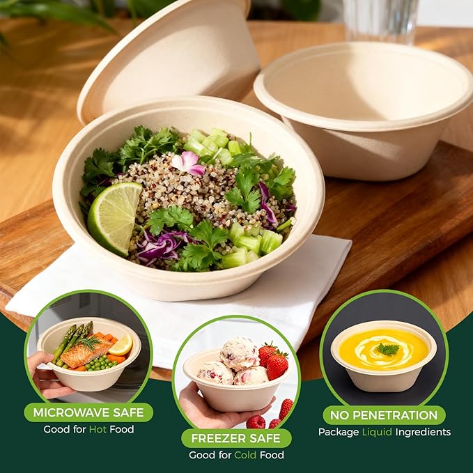 [50 Pack] 24 OZ Heavy Duty Disposable Paper Bowls - Made from Natural Bagasse - Eco-friendly Bowls for Hot Soup, Salad, Dessert