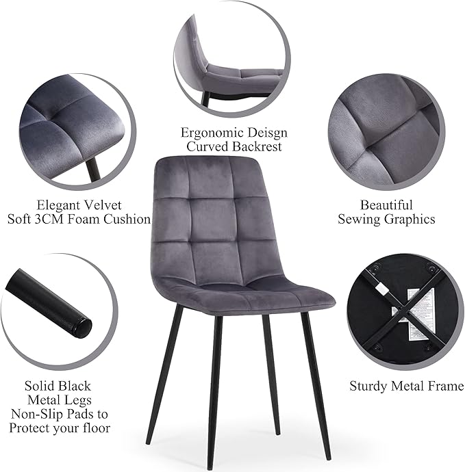 Kitchen Table and Chairs Set for 4, 37" Grey Round Dining Table with Hooks, Solid MDF Faux Wood Tabletop, Grey Velvet Dining Chairs Upholstered Side Chair with Back