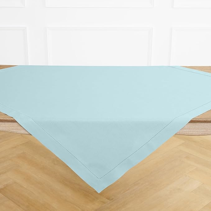 Solino Home Linen Square Tablecloth 52 x 52 Inch - 100% Pure Linen Aqua Blue Table Throw - Classic Hemstitch, Machine Washable Table Cloth for Winter, Spring, Easter