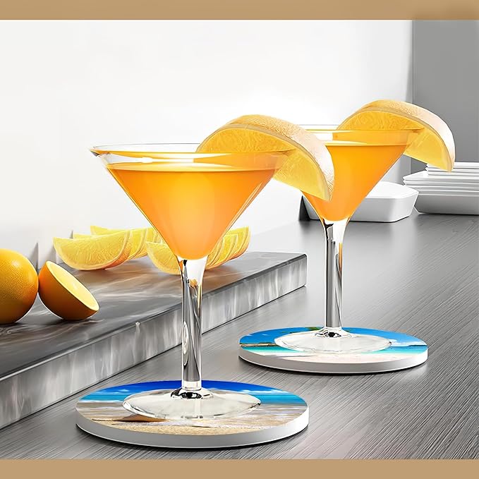 Drink Coasters with Holder,6 Pcs Beach Seaside Design, Water-Absorbent Beverage Pads for Dining Table Decor & Glass Protection