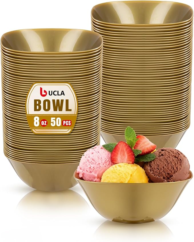 bUCLA 50Pack Gold Plastic Small Bowls - 8oz Disposable Ice Cream/Salsa/Dipping/Dessert/Sauce/Small Serving Bowls for Party