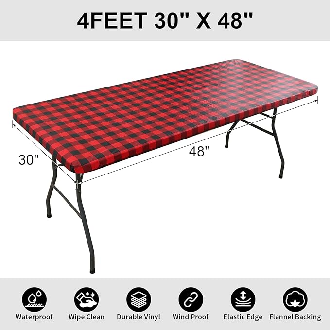 Smiry Rectangle Picnic Table Cloth, Elastic Waterproof Fitted Vinyl Tablecloths, Flannel Backed Buffalo Plaid Table Covers for Dining, Camping, Outdoor (Black and Red, 30" x 48")