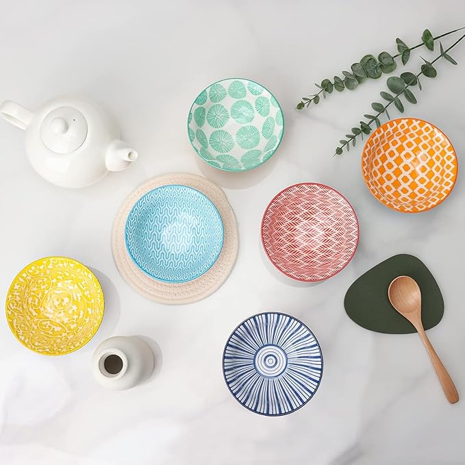 KitchenTour Ceramic Bowls Set - 10 oz Serving Bowls For Kitchen - Cereal, Ice Cream, Soup, Salad, Rice, Dessert Ceramic Bowls - Assorted Colorful Set of 6 - Microwave Dishwasher Safe - 5 Inch
