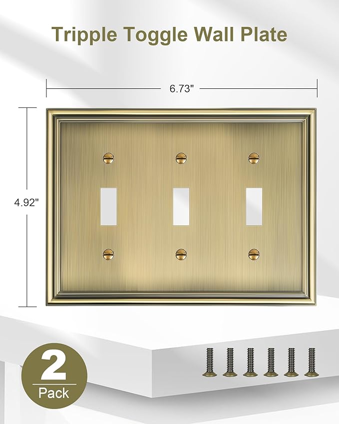 2-Pack Triple Toggle Light Switch Cover Plate, Durable Solid Zinc Alloy Decorative Switch Plate Covers, Antique Brass 3 Gang Wall Plate, Corrosion Resistant