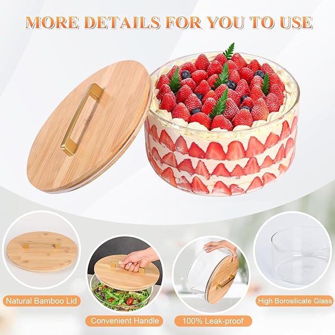 Large Salad Bowl, 8 inch Trifle Bowl Glass with Sealed Lid, Versatile Mixing and Serving Bowl for Laying Ice Cream, Cake, Cupcake, Salad, Fruit, Baking, Dessert and Party Diy, Microwave Safe
