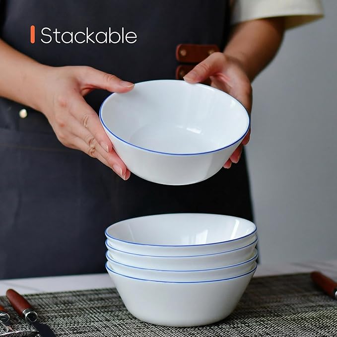 16OZ Opal Glass Cereal and Soup Bowl Set of 4, 6 inch Dishwasher & Microwave Safe Round Bowls for Salad and Rice, Hand Painted Navy Blue Rim