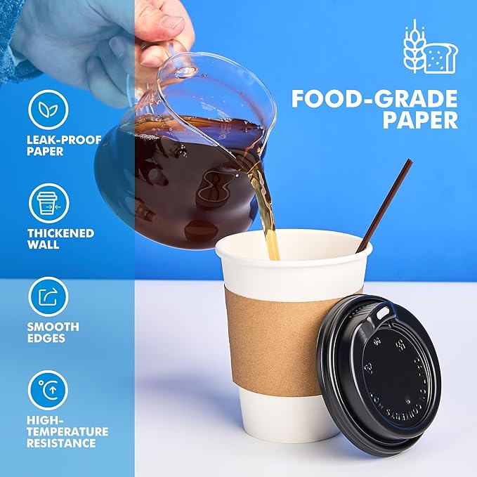 RACETOP 12 oz 100 Pack Disposable Paper Coffee Cups with Lids, Sleeves and Stirrers, Hot Cups, Paper Cups with Lids, Sleeves and Stirrers, Ideal for Home/Office