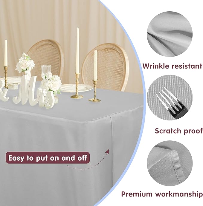 HolidayIdeas Fitted Silver Grey Table Covers - 96 x 30 Inch - 2 Pack Rectangle Tablecloths for 8 Foot Folding Tables, Polyester Fabric Tablecloth for Parties, Farmers Market, Trade Show