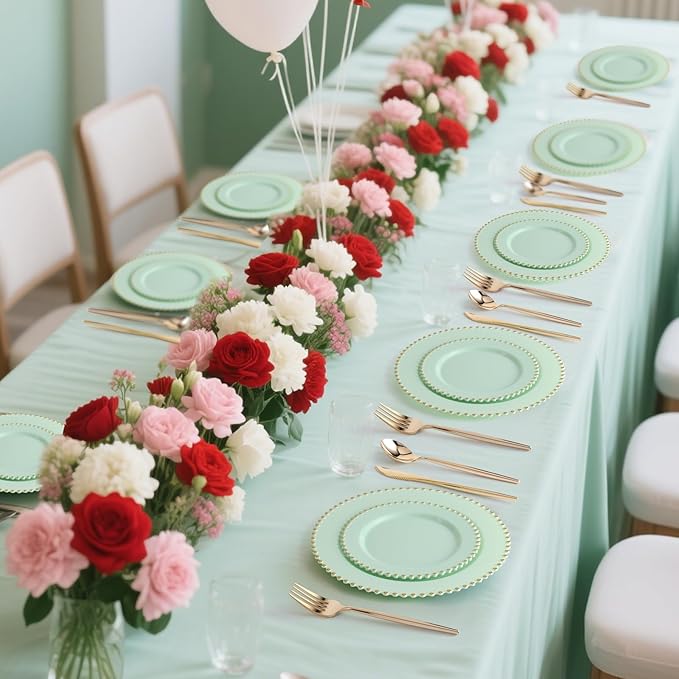 EI 60pcs Green Plastic Plates with Gold Rim,Disposable Heavy Duty Sage Green and Gold 10.25" Dinner & 7.5" Dessert Plastic Plate for Birthday,Afternoon Tea,Wedding,Spring,Valentine's Day,Easter