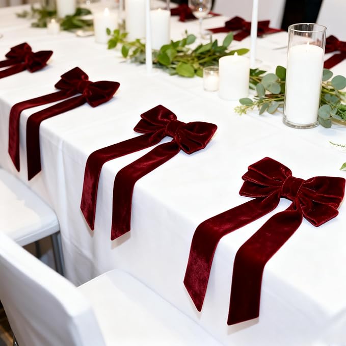Bow Napkin Rings Set of 6 Luxury Soft Burgundy Velvet Napkin Holders, Elegant Bow Design for Christmas Holiday Dinner Wedding Party Table Decor