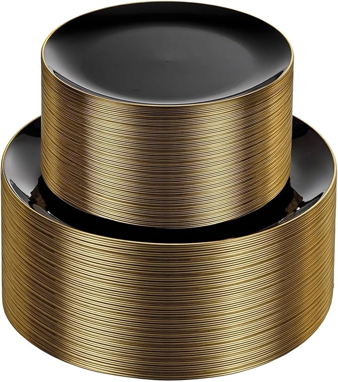KIRE 100PCS Black and Gold Plates - Black Plastic Plates Disposable with Gold Rim for Halloween Party/Wedding/Birthday Include 50Pcs 10.25inch for Dinner and 50Pcs 7.5inch for Dessert/Salad
