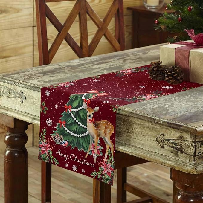 Christmas Reindeer Short Table Runners 36 Inches, Cotton Linen Fabric Red Table - Image 3