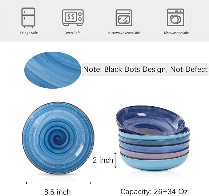 Selamica Ceramic Pasta Bowls Set 34 OZ, Large Salad Bowl 8.6 Inch Deep Plates for Pasta Soup, Microwave & Dishwasher Safe, Set of 6, Gradient Blue