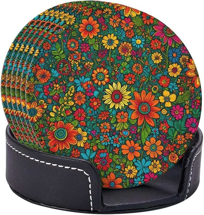 Drink Coasters with Holder Stand Set of 6, Colorful Flower Floral Print Pu - Image 2