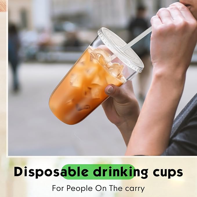 50 Sets Clear Plastic Cups with Lids and Straws, Disposable Iced Coffee Cups Drinking PET for Cold Drinks, Juice, Smoothie, Coffee Shops, Party, Christmas(Clear,18 oz)