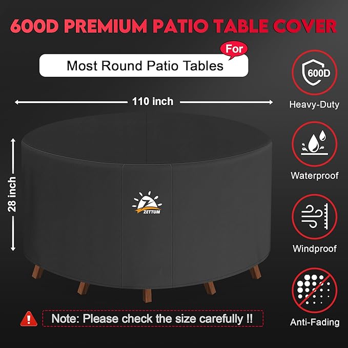 Zettum Round Patio Table Cover 110 Inch - 600D Outdoor Furniture Cover Round Waterproof & Heavy Duty, Lawn Furniture Set Covers Large for Outside Dining Table and Chairs Seating - 110 x 110 x 28 Inch