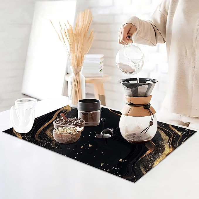 Abstract Marble Placemats Set of 6,Gold Black Waterproof Non-Slip Washable Table Mats for Kitchen Dining Holiday Party Wedding Decor 12x18 Inch