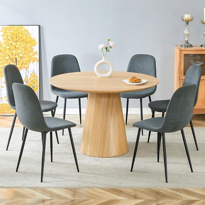 Round Dining Table Set for 6, 47'' Wood Dining Table with Chairs, Easy Assembly, for Kitchen