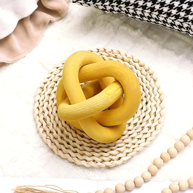 3 Link Wood Knot Decor Rustic Home Décor Accents Hand Carved Coffee Table Decoration, Boho Chain Link Decoration, Modern Shelf, Rustic Objects for Home Living Room Bedroom(Yellow)