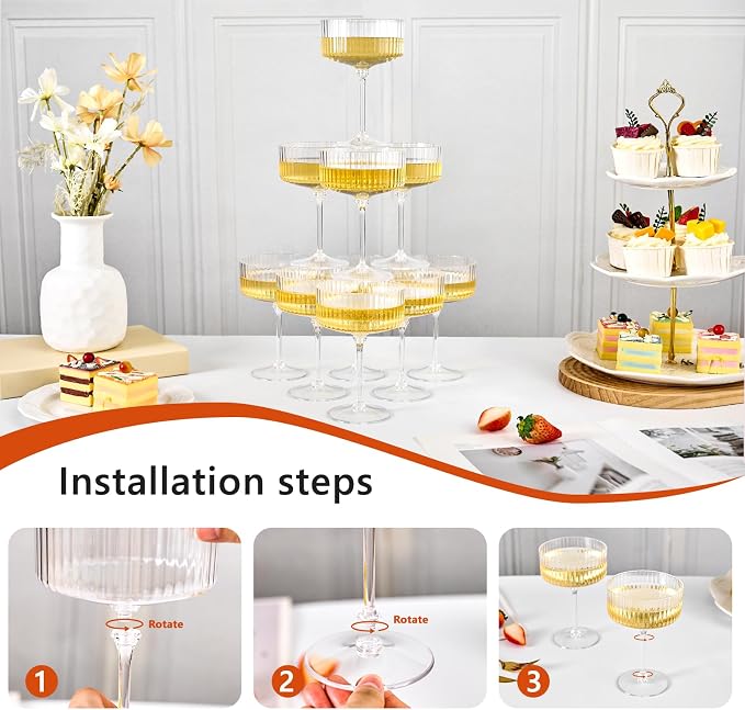 ZOMUIA Ribbed Coupe Glasses 6 Pcs, 10 oz Plastic Champagne Coupe Detachable - Image 3