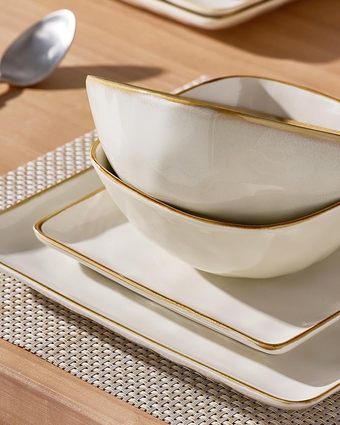 Famiware Ocean Square Plates and Bowls Set, 18 Pieces Dinnerware Sets, Dishes Set for 6, Microwave and Dishwasher Safe, Scratch Resistant, Vanilla White