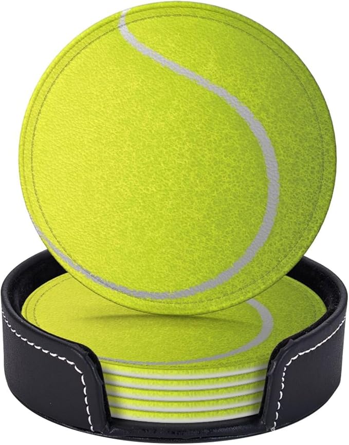 Tennis Ball Coasters for Drinks with Holder Round Leather Coasters Set of 6 Cups Mugs Mat Pad for Home Kitchen Bar