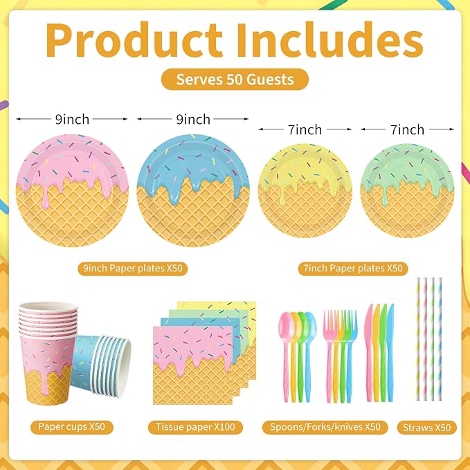450 Pcs Ice Cream Tableware Set Decorations, Serves 50 | Summer Ice Cream Cone - Image 2
