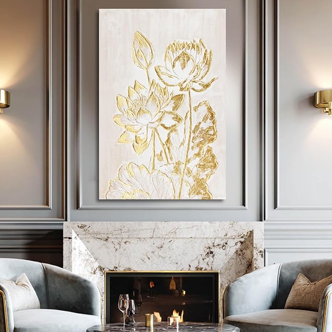 YJYart Plant Canvas Wall Art Flower Wall Decor Gold Wall Decorations 24"x36" Office Art Posters Oil Painting for Bedroom Kitchen