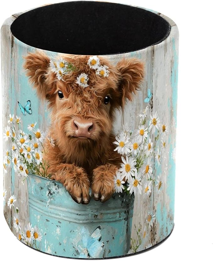 Leather Pen Holder for Desk, Highland Cow Flower Pencil Cup Pen Organizer by Unknown