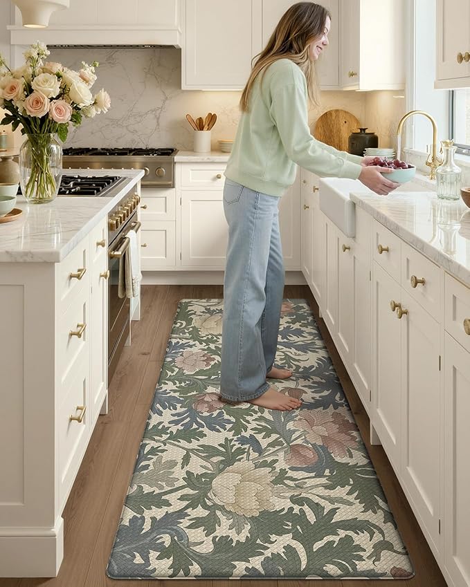 Color&Geometry Floral Kitchen Mat 24"x59", Anti Fatigue Mats for Kitchen Floor, Kitchen Rugs Non Slip, Waterproof & Oil Proof Kitchen Runner for Standing Desk Office, Sink - Floral Beige