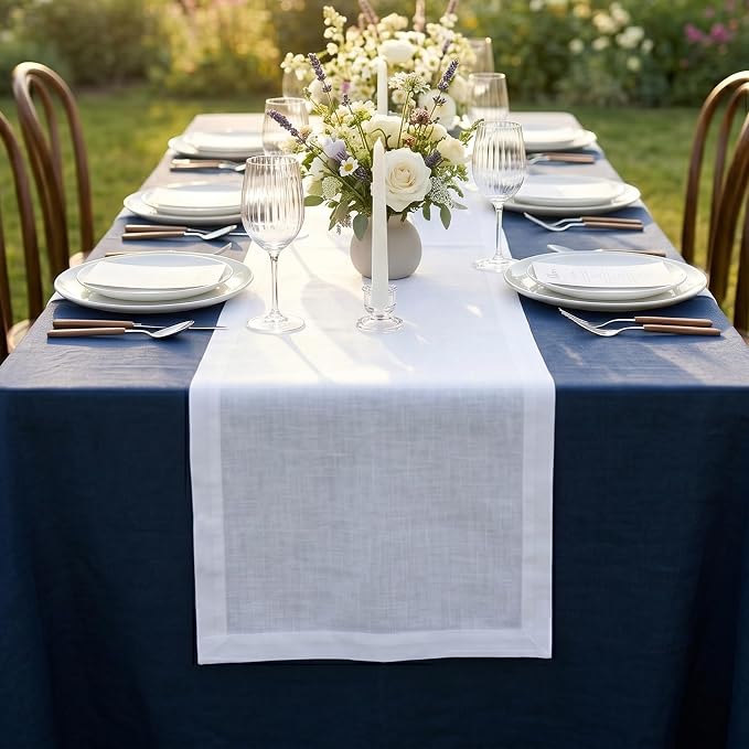 Solino Home 100% Pure Linen Table Runner White, Fete 14 x 132 Inch Long | Table - Image 3
