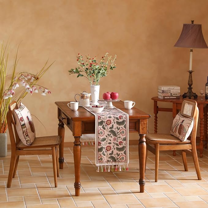 Designer Vintage Linen Extra Long Table Runner, Floral Leave Pattern, Dining - Image 4