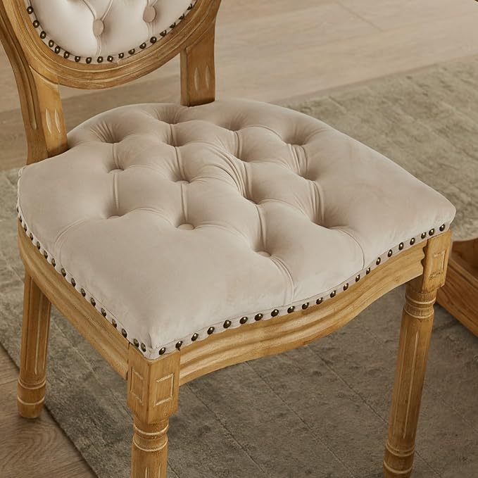 Ball & Cast French Vintage Upholstered Dining Chairs Set of 2, Button Tufted Kitchen Side-Chairs with Carved Antique Wood Frame & Nailhead Trims, 2-Piece Curved Backrest Louis Chair, Velvet Beige