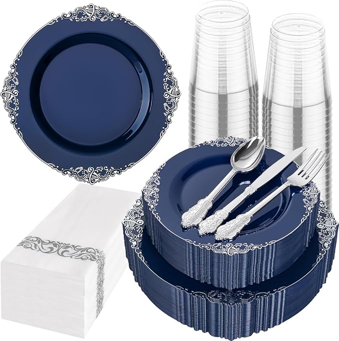 175pcs Blue and Silver Plastic Plates by Hioasis