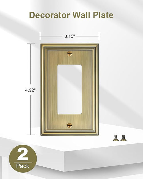2-Pack Decorator Outlet Cover Plate, Antique Brass Decorative Switch Plates and Outlet Covers, Durable Zinc Alloy Wall Plates for Electrical Outlets, Receptacle, GFCI Outlet, Dimmer Switch