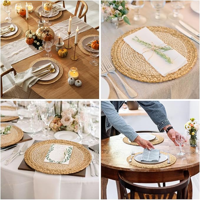 13 in Woven Placemats Plate Chargers Set of 8, Boho Farmhouse Rustic Round Place Mats for Dinner Plates, Rattan Wicker Table Mats Chargers for Dining Table Decor