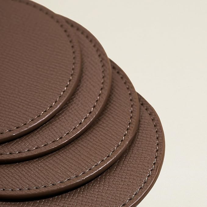 OLETHA Aesthetic Round Drink Coasters, Tan | Faux leather coasters - Image 4